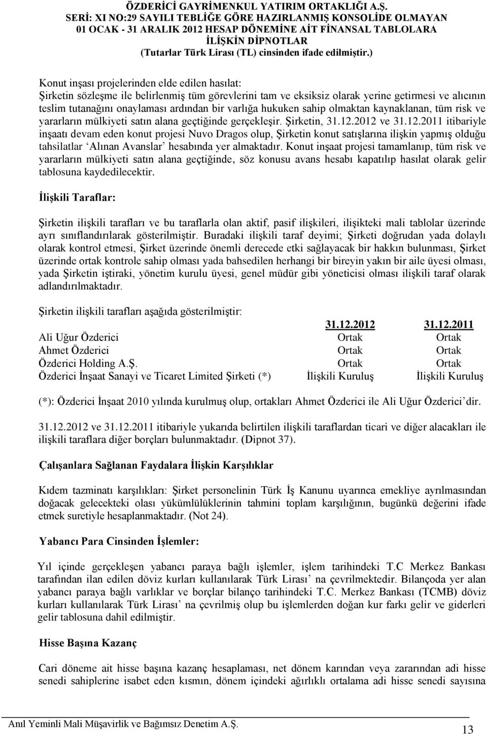 2012 ve 31.12.2011 itibariyle inşaatı devam eden konut projesi Nuvo Dragos olup, Şirketin konut satışlarına ilişkin yapmış olduğu tahsilatlar Alınan Avanslar hesabında yer almaktadır.