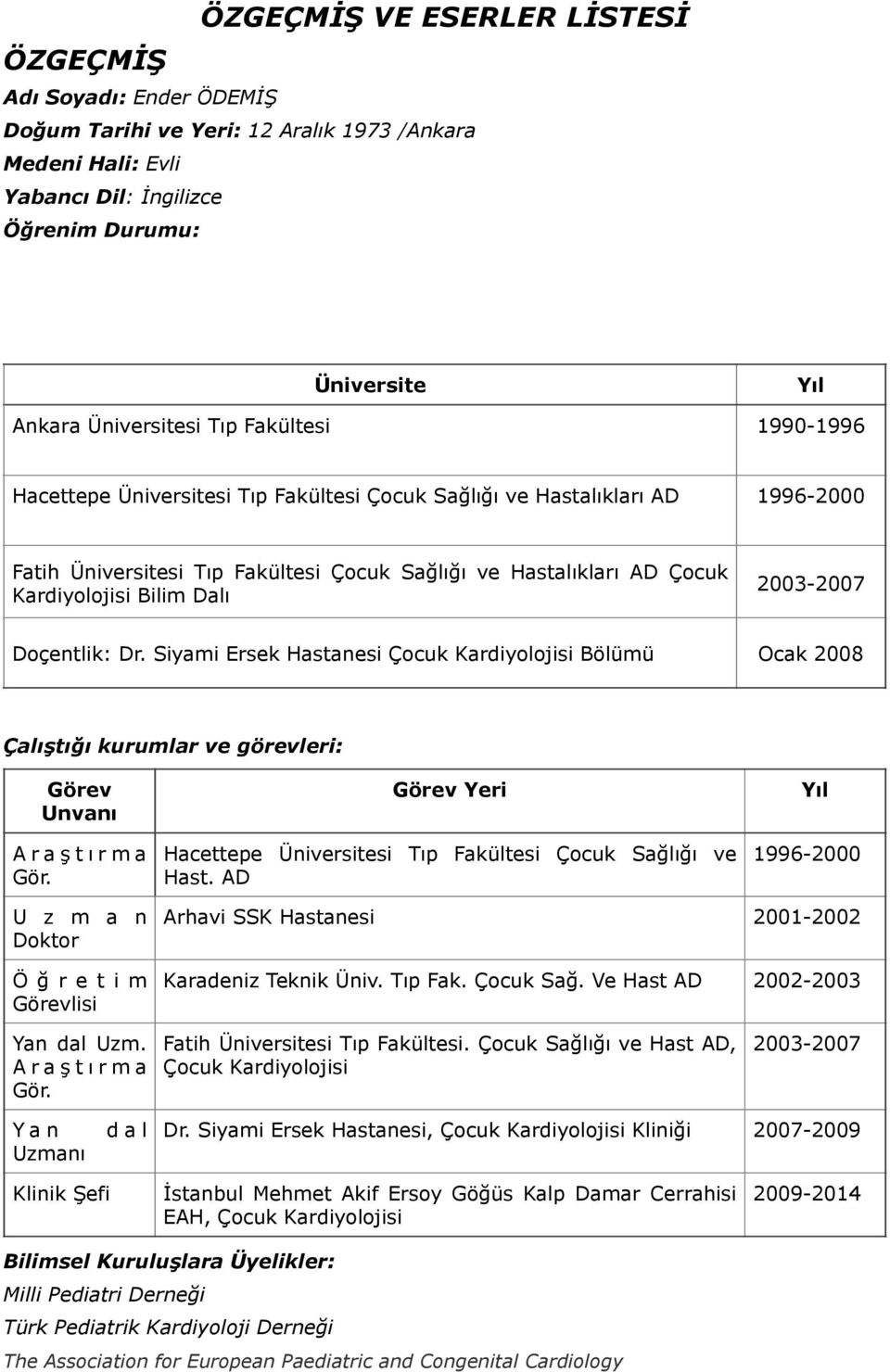 Dalı 2003-2007 Doçentlik: Dr. Siyami Ersek Hastanesi Çocuk Kardiyolojisi Bölümü Ocak 2008! Çalıştığı kurumlar ve görevleri: Görev Unvanı Araştırma Gör.