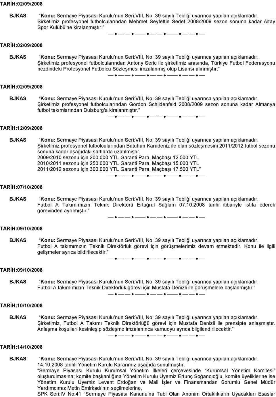 TARİH:02/09/2008 Şirketimiz profesyonel futbolcularından Gordon Schildenfeld 2008/2009 sezon sonuna kadar Almanya futbol takımlarından Duisburg'a kiralanmıştır.