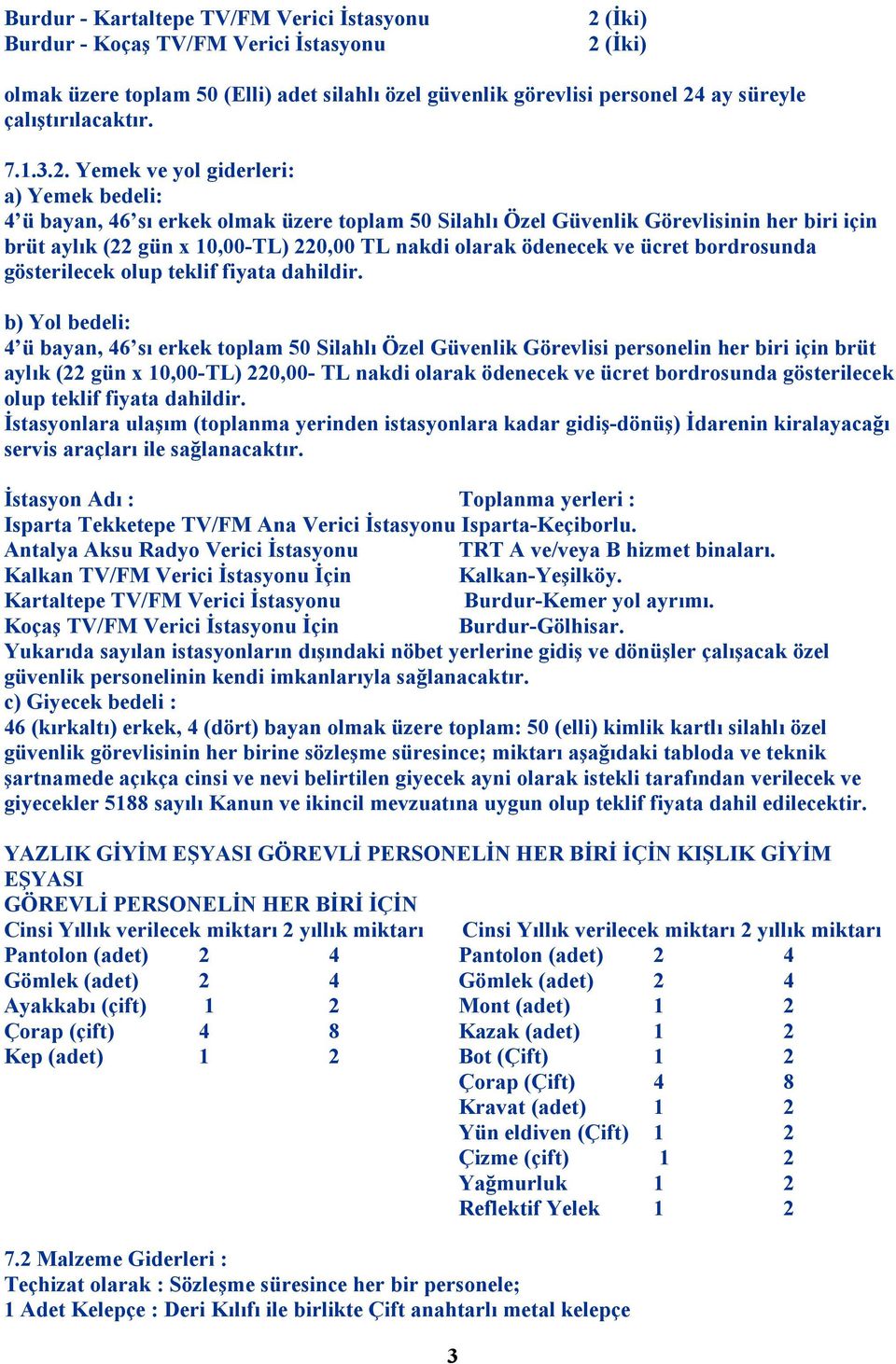 Yemek ve yol giderleri: a) Yemek bedeli: 4 ü bayan, 46 sı erkek olmak üzere toplam 50 Silahlı Özel Güvenlik Görevlisinin her biri için brüt aylık (22 gün x 10,00-TL) 220,00 TL nakdi olarak ödenecek