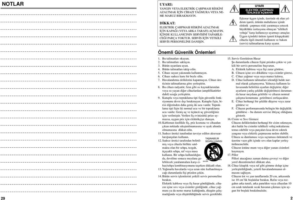 Bu talimatlar saklay n. 3. Bütün uyar lara uyun. 4. Bütün talimatlar takip edin. 5. Cihaz suyun yak n nda kullanmay n. 6. Cihaz sadece kuru bir bezle silin. 7. Havaland rma deliklerini kapatmay n.