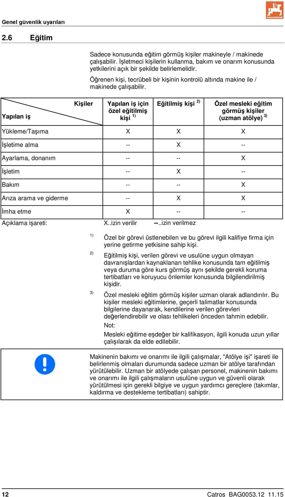 Yapılan iş Kişiler Yapılan iş için özel eğitilmiş kişi 1) Eğitilmiş kişi 2) Özel mesleki eğitim görmüş kişiler (uzman atölye) 3) Yükleme/Taşıma X X X İşletime alma -- X -- Ayarlama, donanım -- -- X