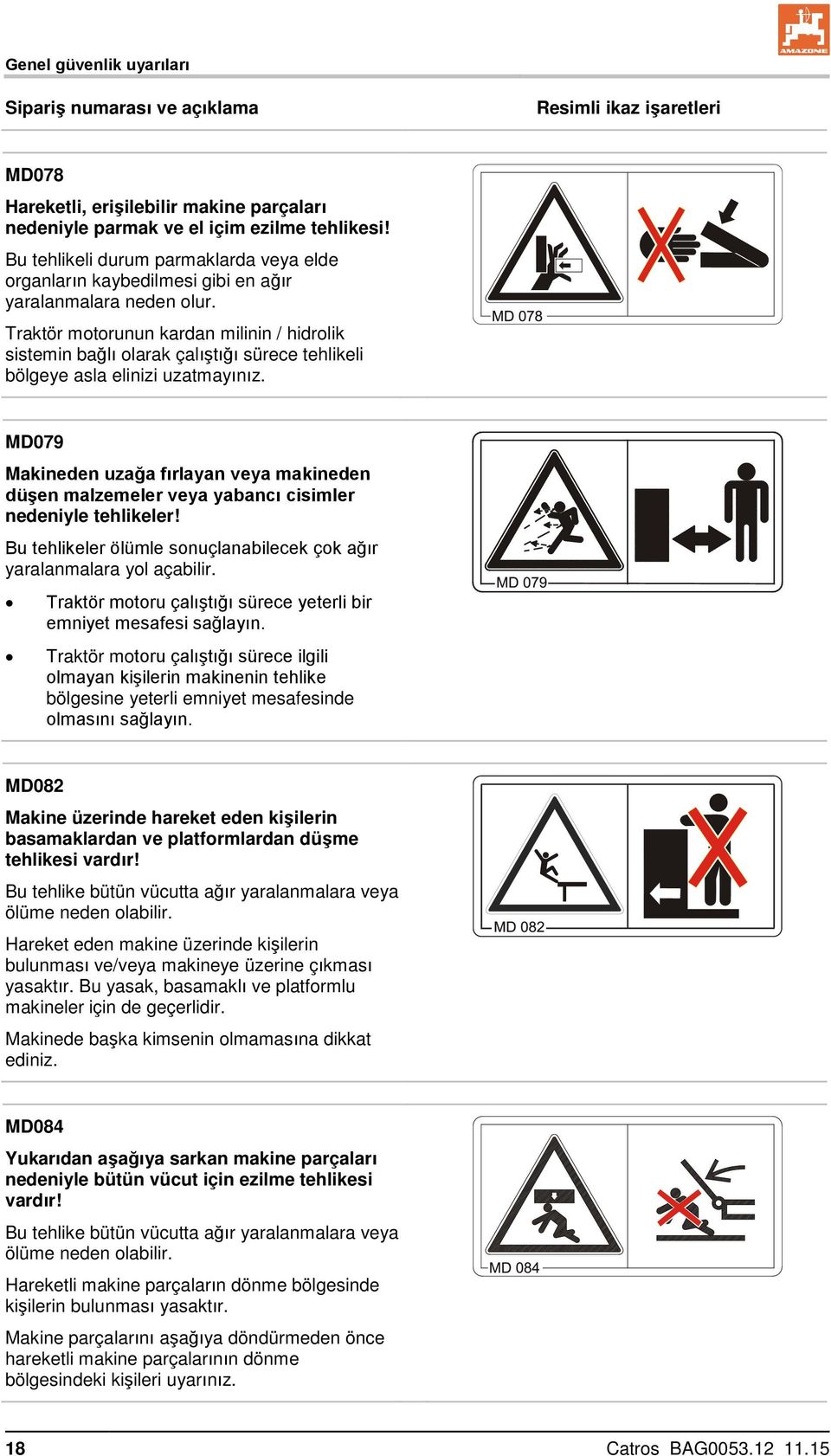 Traktör motorunun kardan milinin / hidrolik sistemin bağlı olarak çalıştığı sürece tehlikeli bölgeye asla elinizi uzatmayınız.