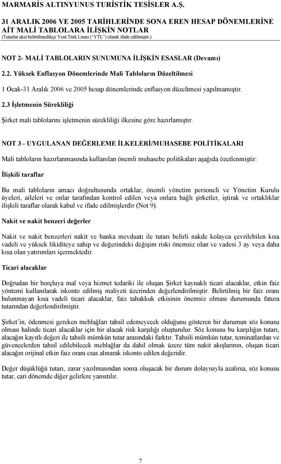 NOT 3 - UYGULANAN DEĞERLEME İLKELERİ/MUHASEBE POLİTİKALARI Mali tabloların hazırlanmasında kullanılan önemli muhasebe politikaları aşağıda özetlenmiştir: İlişkili taraflar Bu mali tabloların amacı