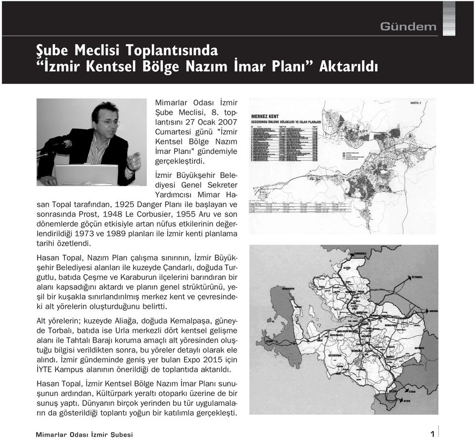 zmir Büyükflehir Belediyesi Genel Sekreter Yard mc s Mimar Hasan Topal taraf ndan, 1925 Danger Plan ile bafllayan ve sonras nda Prost, 1948 Le Corbusier, 1955 Aru ve son dönemlerde göçün etkisiyle