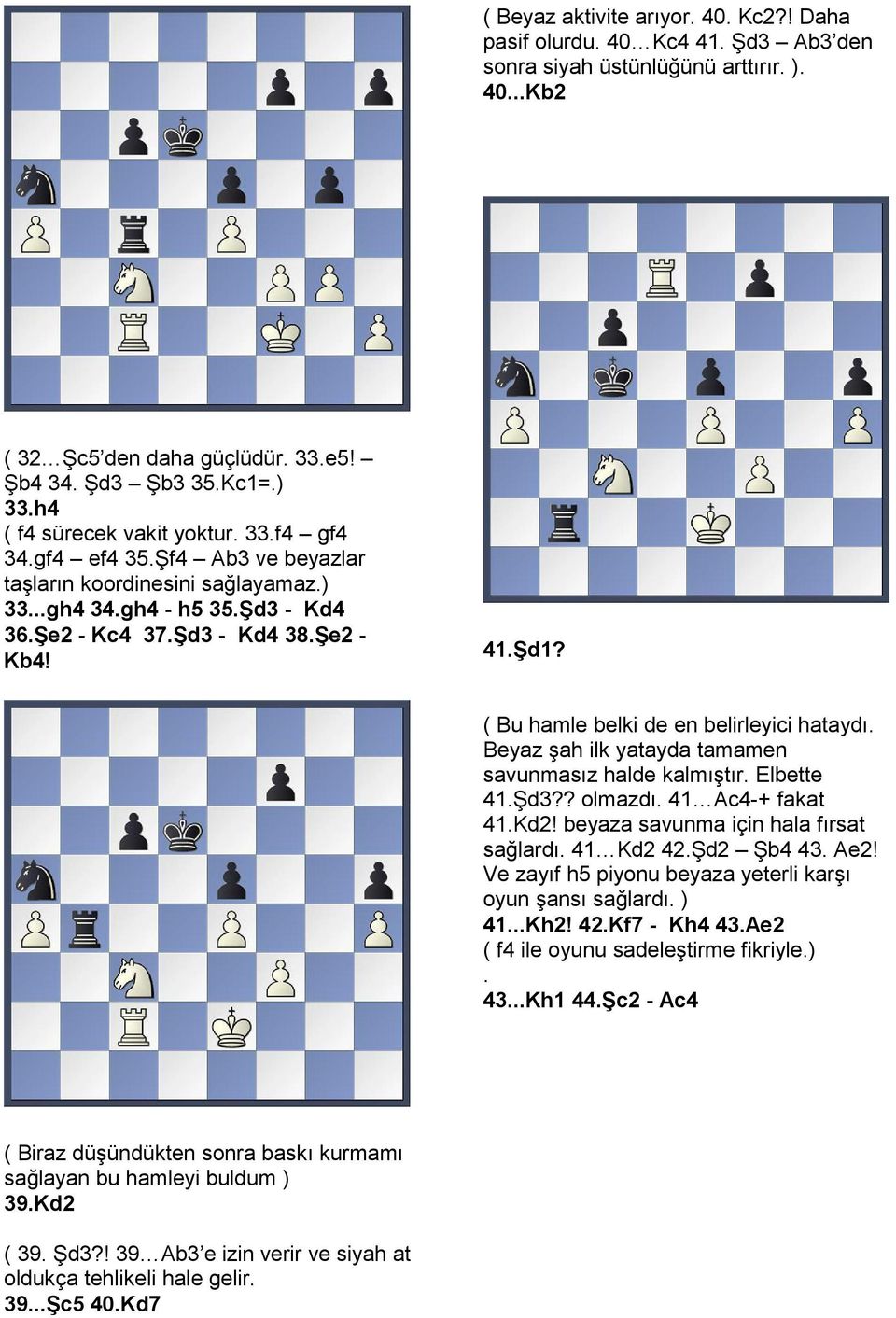 41Şd1? ( Bu hamle belki de en belirleyici hataydı Beyaz şah ilk yatayda tamamen savunmasız halde kalmıştır Elbette 41Şd3?? olmazdı 41 Ac4-+ fakat 41Kd2!