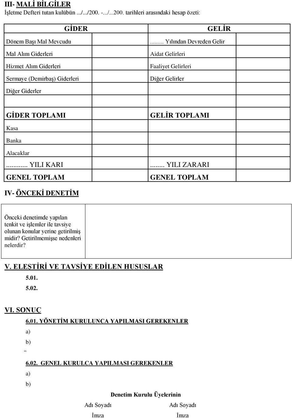 .. Yılından Devreden Gelir Aidat Gelirleri Faaliyet Gelirleri Diğer Gelirler Diğer Giderler GİDER TOPLAMI GELİR TOPLAMI Kasa Banka Alacaklar... YILI KARI.