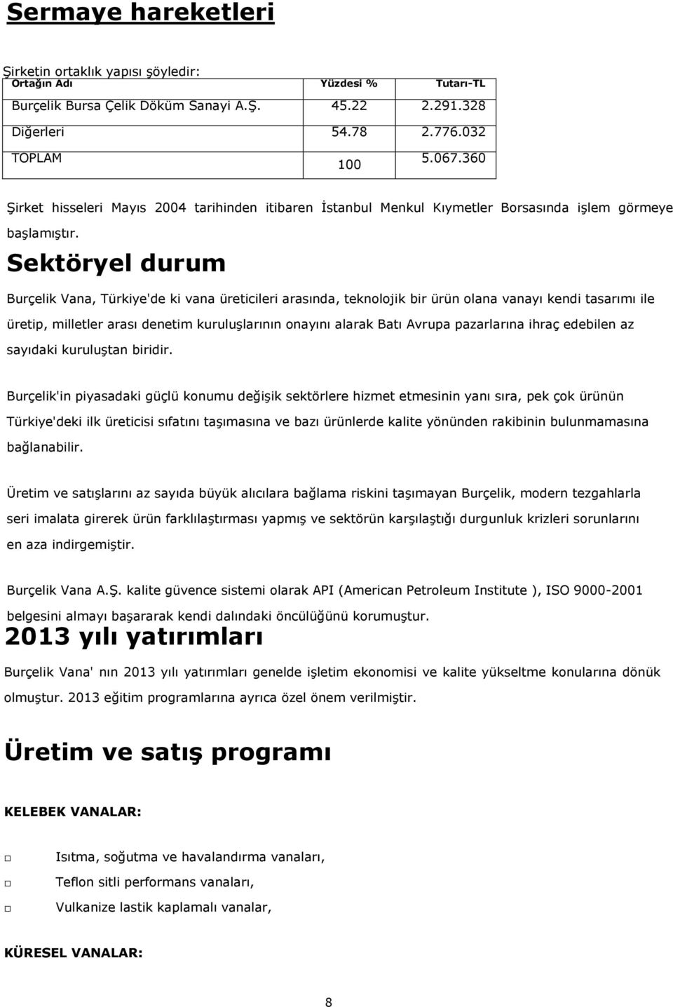 Sektöryel durum Burçelik Vana, Türkiye'de ki vana üreticileri arasında, teknolojik bir ürün olana vanayı kendi tasarımı ile üretip, milletler arası denetim kuruluşlarının onayını alarak Batı Avrupa