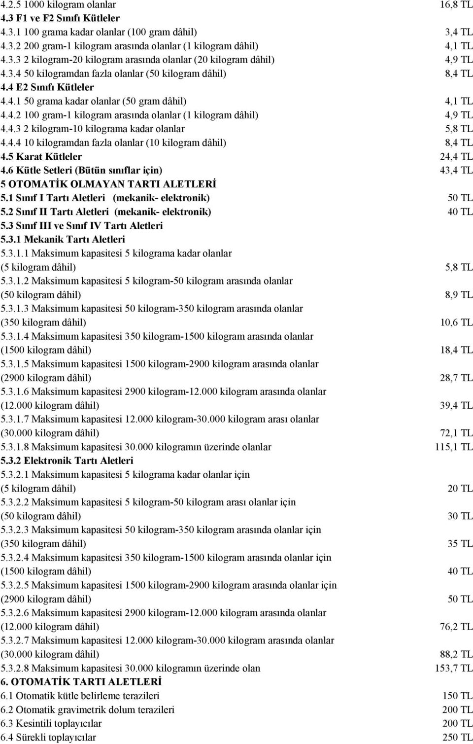 4.3 2 kilogram-10 kilograma kadar olanlar 5,8 TL 4.4.4 10 kilogramdan fazla olanlar (10 kilogram dâhil) 8,4 TL 4.5 Karat Kütleler 24,4 TL 4.