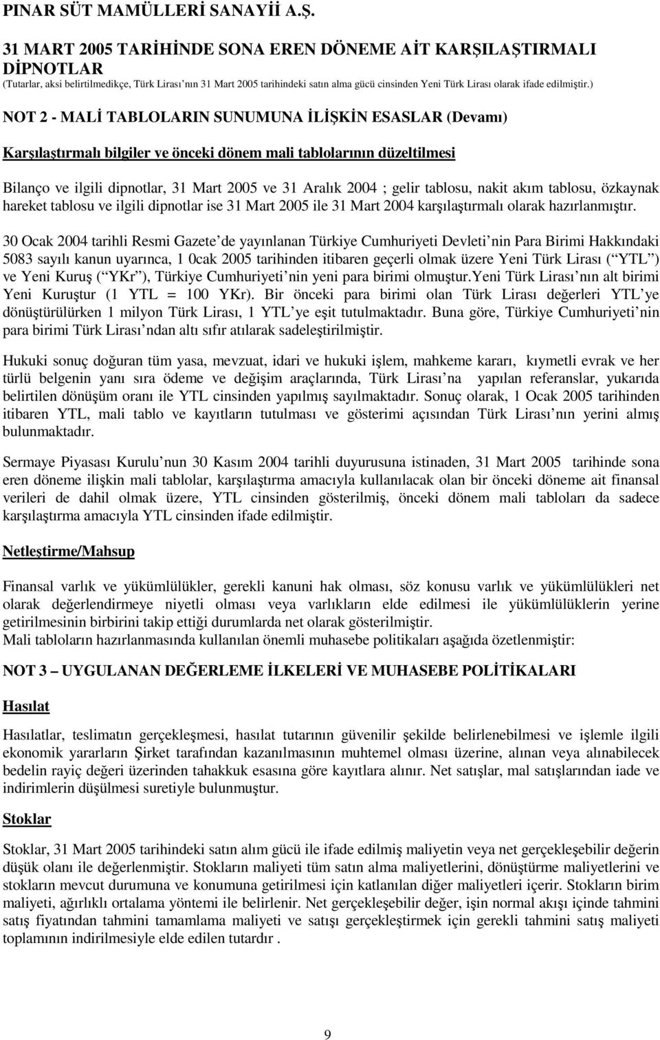 30 Ocak 2004 tarihli Resmi Gazete de yayınlanan Türkiye Cumhuriyeti Devleti nin Para Birimi Hakkındaki 5083 sayılı kanun uyarınca, 1 0cak 2005 tarihinden itibaren geçerli olmak üzere Yeni Türk Lirası