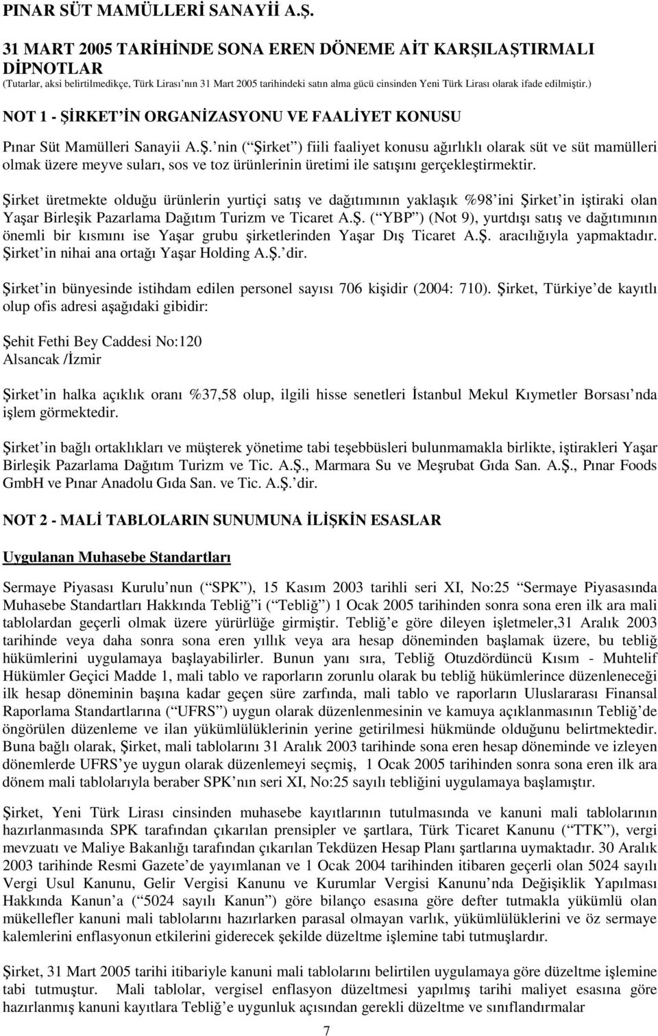 Ş. aracılığıyla yapmaktadır. Şirket in nihai ana ortağı Yaşar Holding A.Ş. dir. Şirket in bünyesinde istihdam edilen personel sayısı 706 kişidir (2004: 710).