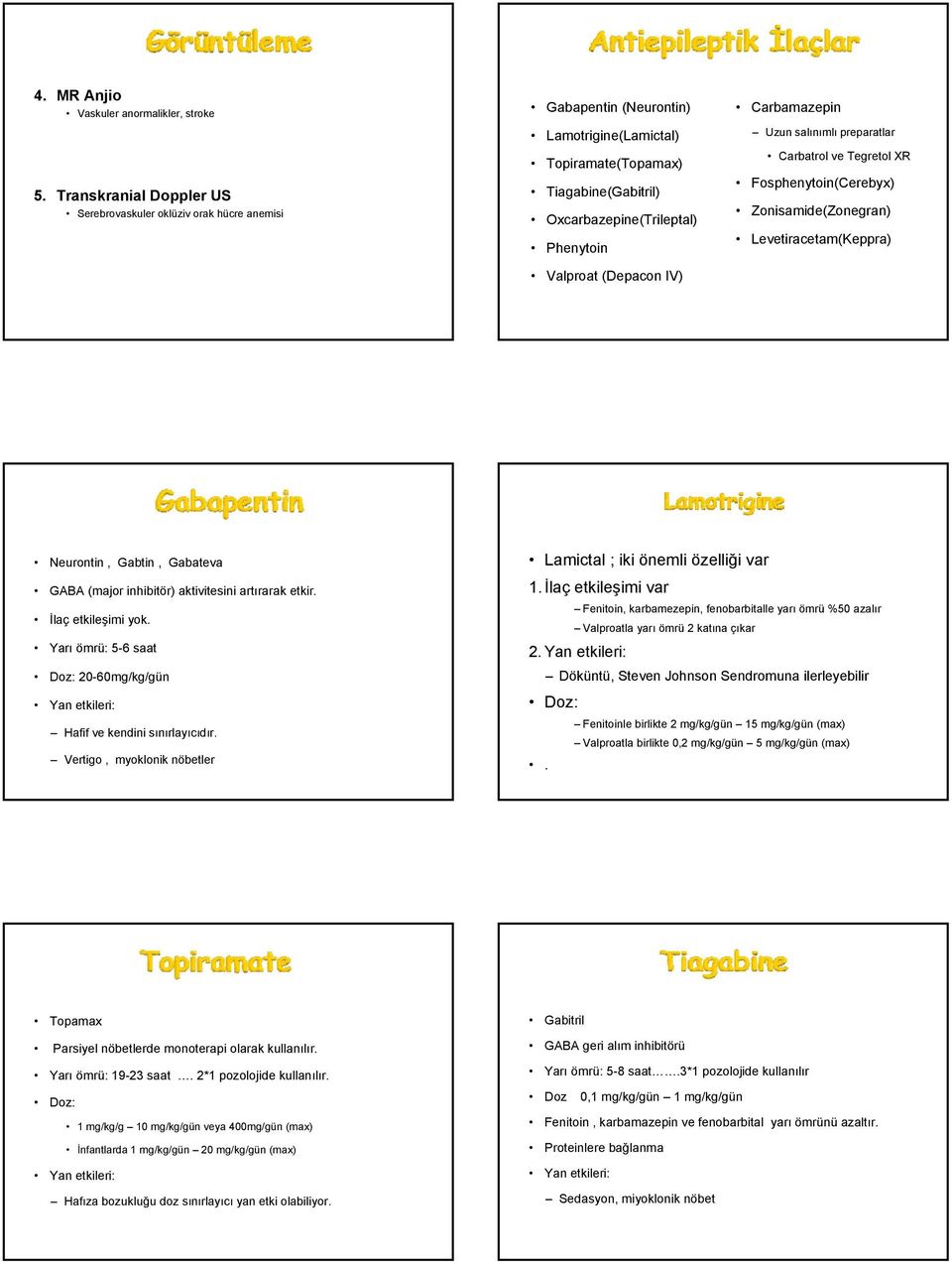 (Depacon IV) Carbamazepin Uzun salınımlı preparatlar Carbatrol ve Tegretol XR Fosphenytoin(Cerebyx) Zonisamide(Zonegran) Levetiracetam(Keppra) Neurontin, Gabtin, Gabateva GABA (major inhibitör)