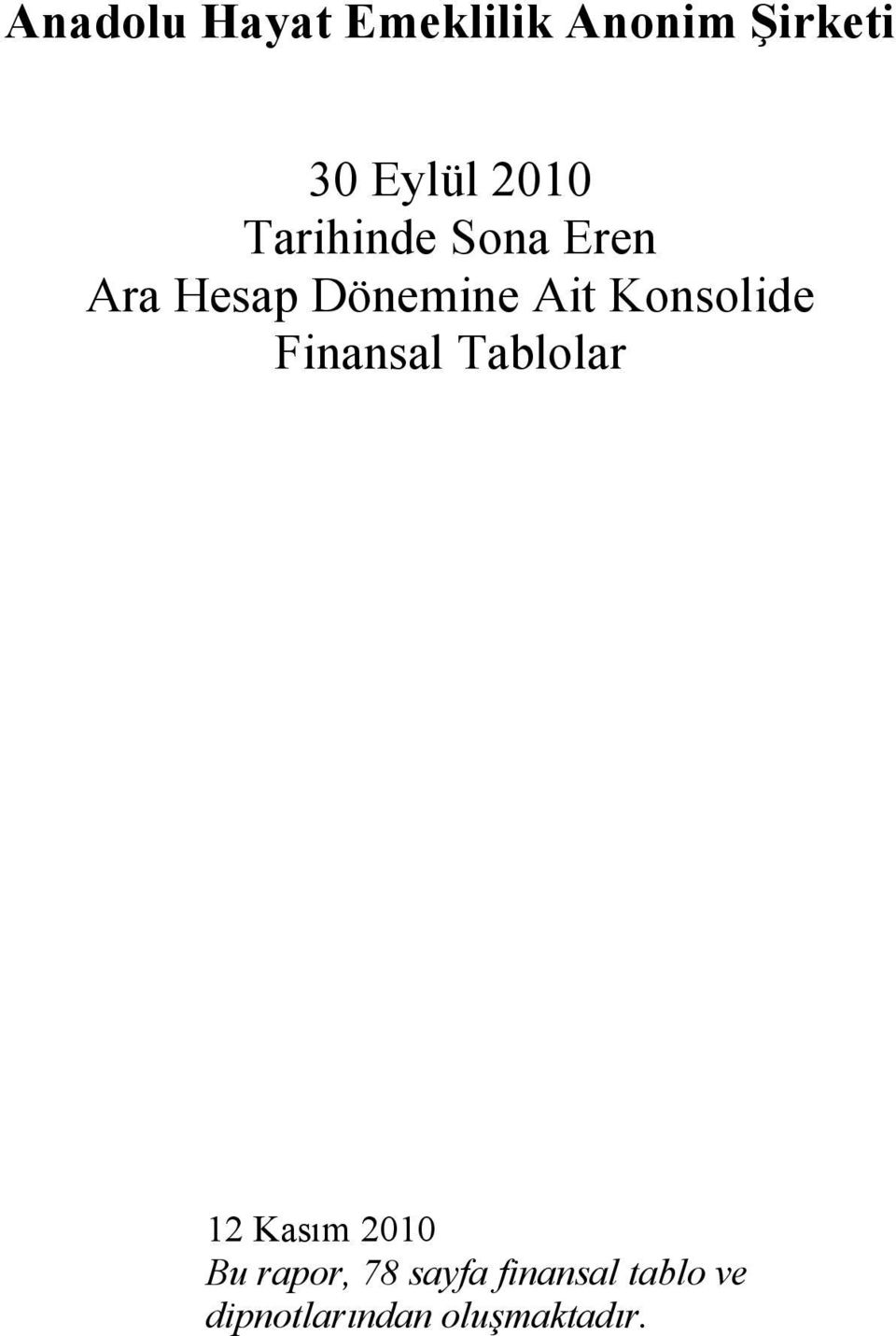 Konsolide Finansal Tablolar 12 Kasım 2010 Bu