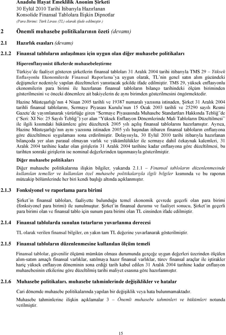 2 Finansal tabloların anlaģılması için uygun olan diğer muhasebe politikaları Hiperenflasyonist ülkelerde muhasebeleģtirme Türkiye de faaliyet gösteren Ģirketlerin finansal tabloları 31 Aralık 2004