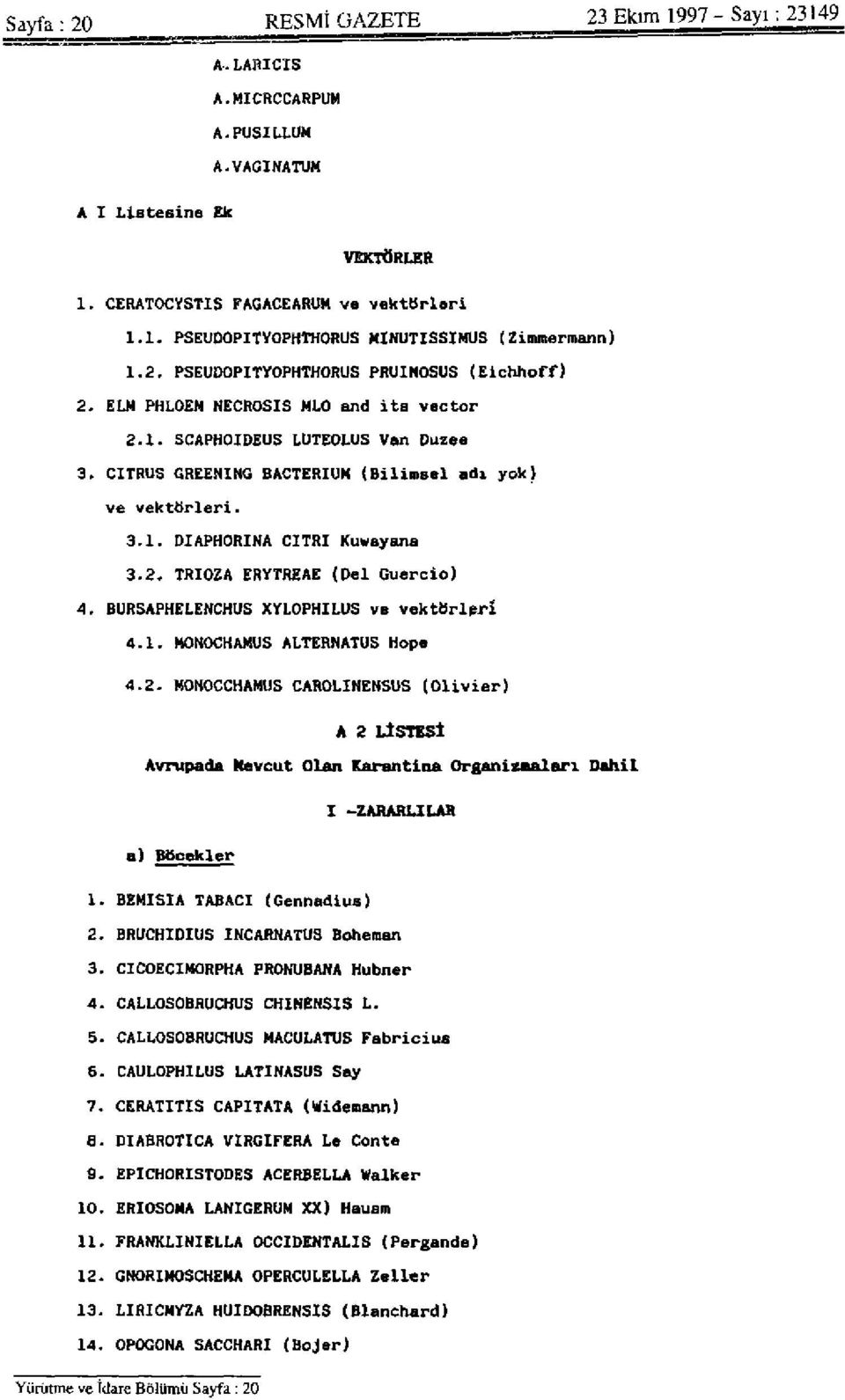 2. TRIOZA ERYTREAE (Del Guercio) 4. BURSAPHELEHCHUS XYLOPHILUS vs vektörleri 4-1. HONOCKAMUS ALTERNATUS hope 4.2. MOHOCCHAMUS CARÛLİNEHSUS (Olivier) A 2 LİSTESİ Avrupa da Mevcut Olan Karantina Organizmaları Dahil I -ZARARLI LAH a) Böcekler 1.