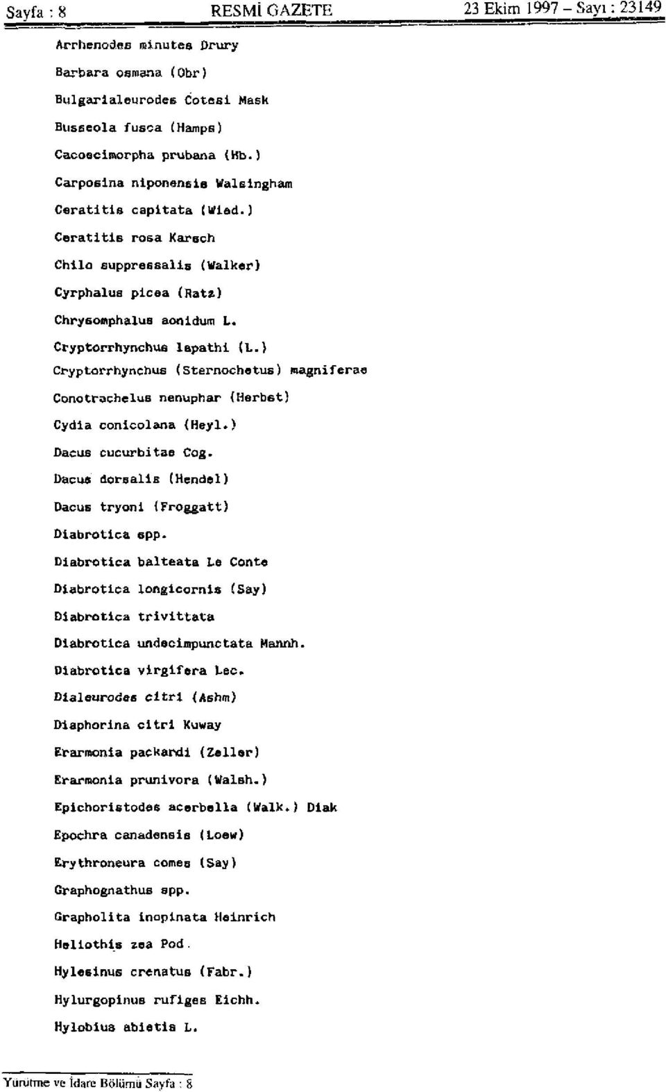 ) Cryptorrhynchue (Sternochetus) magniferae Conotrachelus nenuphar (Herbet) Cydia conicolana (Heyl.) Dacus Cucurbitae Cog. Dacus dorealie (Hendel) Dacus tryoni (Froggatt) Diabrotica spp.