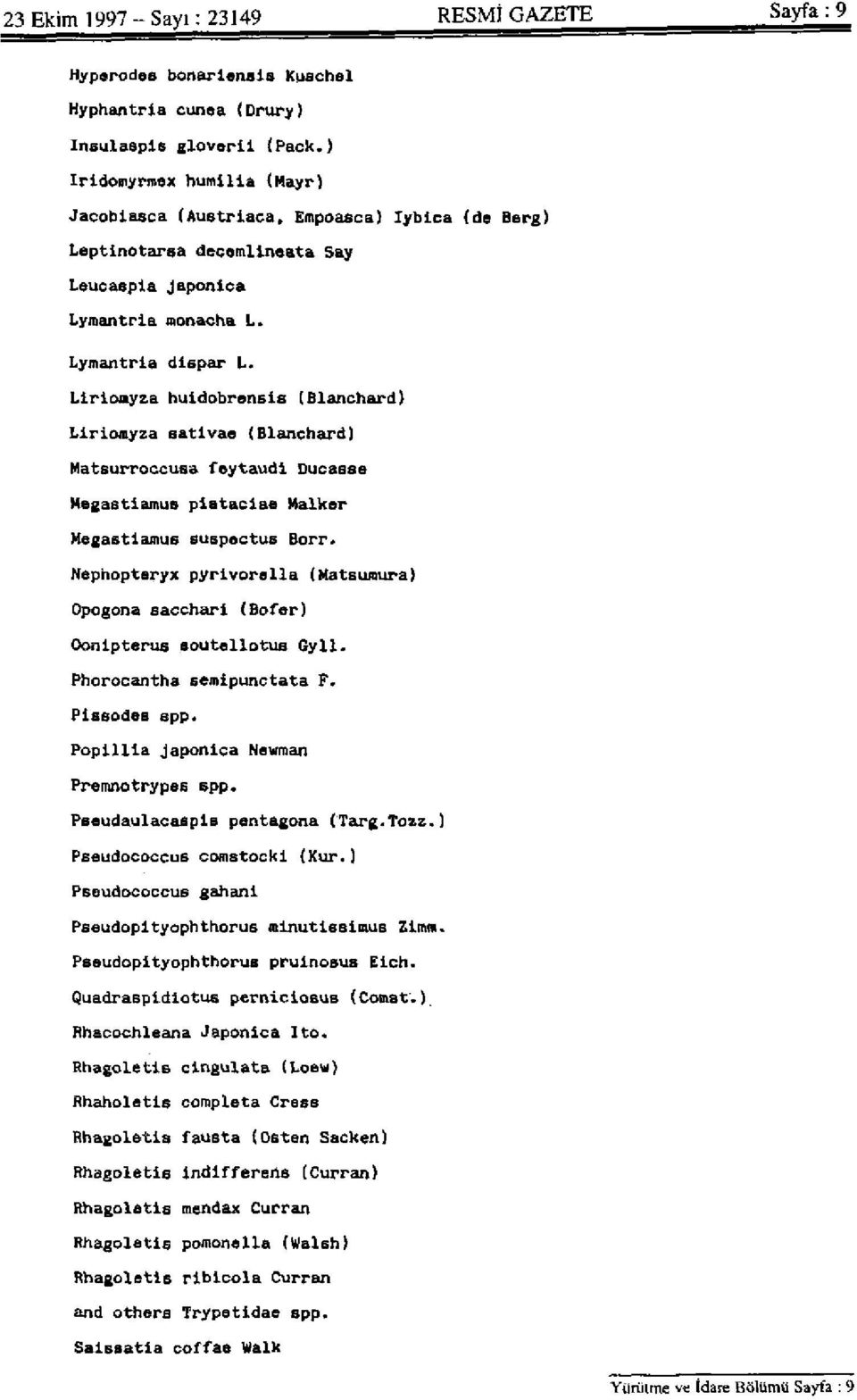 Lymantria dispar L- Lirionyza huidobrensie (Blanchard) Liriomyza sativa (Blanchard) Matsurroccusa feytaudi Ducasse Hagastiamus pistacias Megastiamue suspectus Malker Borr* Nephoptsryx pyrivorella