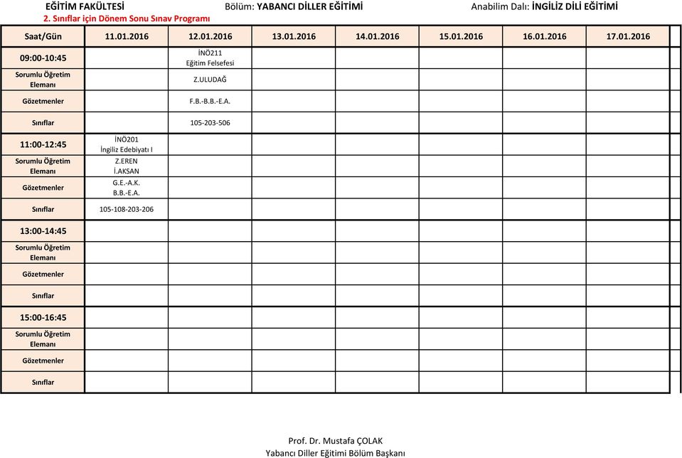 Saat/Gün 11.01.2016 12.01.2016 13.01.2016 14.01.2016 15.01.2016 16.01.2016 17.01.2016 İNÖ211 Eğitim Felsefesi Z.