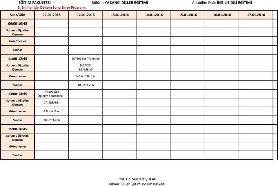 01.2016 EGT301 Sınıf Yönetimi D.ÇAKICI E.EKMEKÇİ D.B.A.-B.B.-E.A. 105-203-206 İNÖ303 Özel Öğretim Yöntemleri II C.