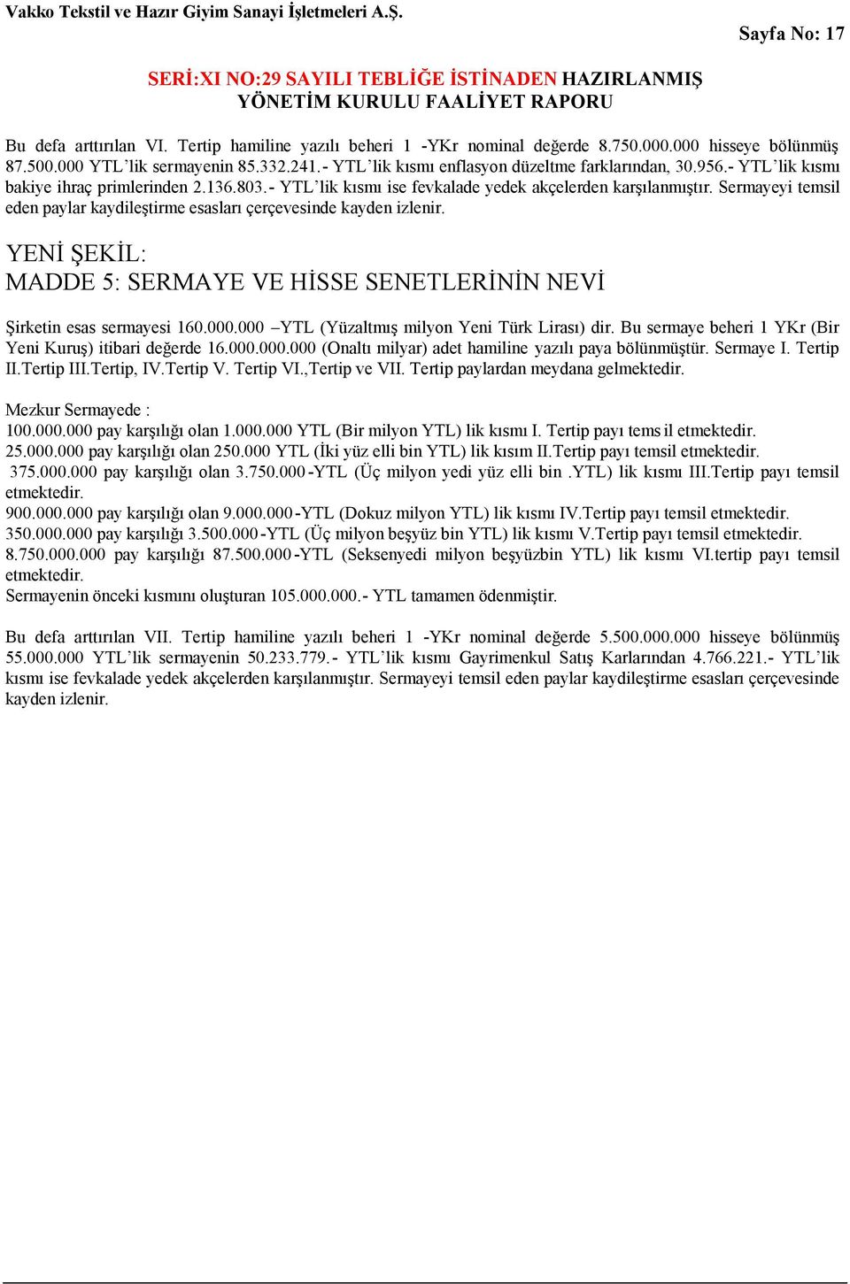 Sermayeyi temsil eden paylar kaydileştirme esasları çerçevesinde kayden izlenir. YENİ ŞEKİL: MADDE 5: SERMAYE VE HİSSE SENETLERİNİN NEVİ Şirketin esas sermayesi 160.000.