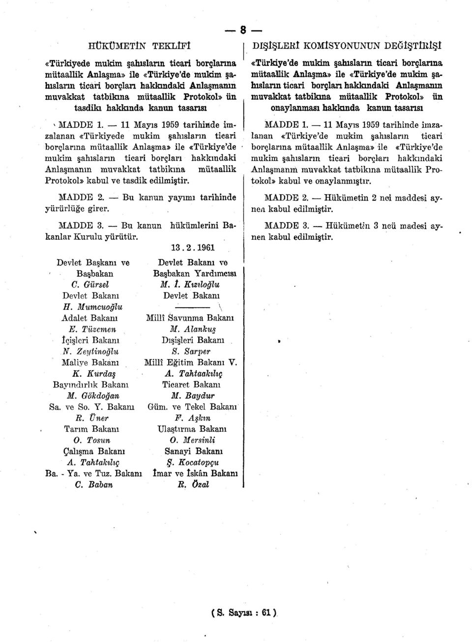 11 Mayıs 1959 tarihinde imzalanan «Türkiyede mukim şahısların ticari borçlarına mütaallik Anlaşma» ile «Türkiye'de mukim şahısların ticari borçları hakkındaki Anlaşmanın muvakkat tatbikma mütaallik