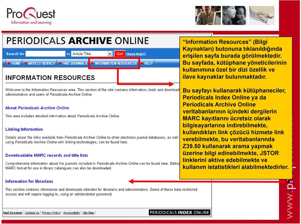 Bu sayfayı kullanarak kütüphaneciler, Periodicals Index Online ya da Periodicals Archive Online veritabanlarının içindeki dergilerin MARC kayıtlarını
