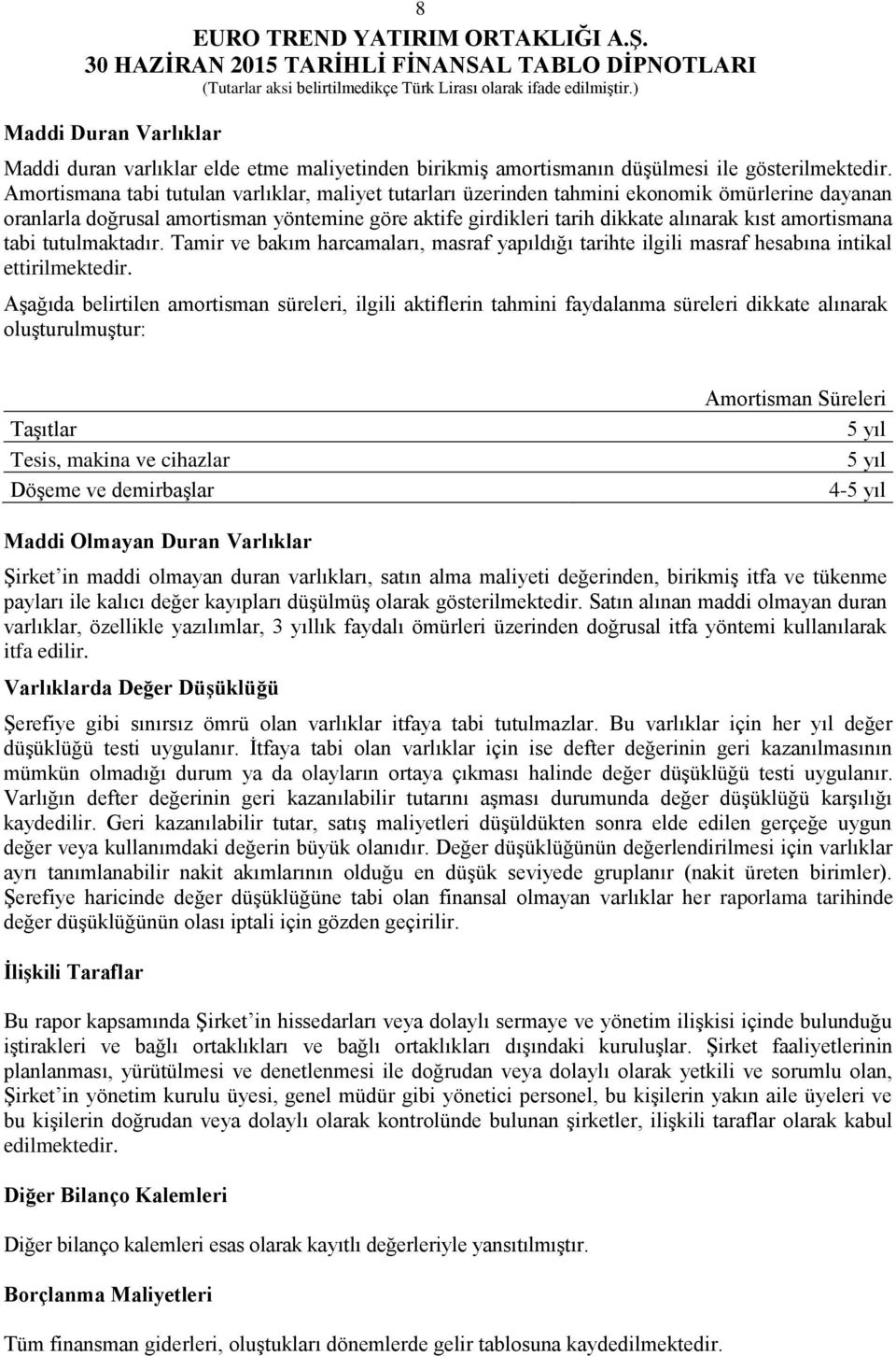 amortismana tabi tutulmaktadır. Tamir ve bakım harcamaları, masraf yapıldığı tarihte ilgili masraf hesabına intikal ettirilmektedir.