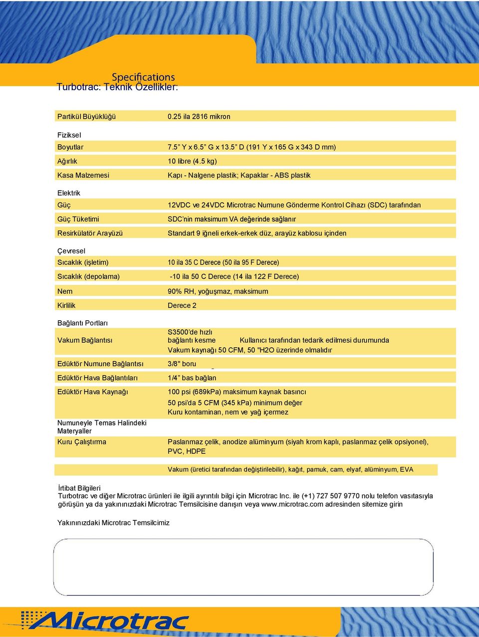 5 kg) Kapı - Nalgene plastik; Kapaklar - ABS plastik 12VDC ve 24VDC Microtrac Numune Gönderme Kontrol Cihazı (SDC) tarafından SDC nin maksimum VA değerinde sağlanır Standart 9 iğneli erkek-erkek düz,