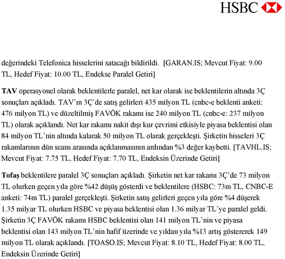 TAV ın 3Ç de satış gelirleri 435 milyon TL (cnbc-e beklenti anketi: 476 milyon TL) ve düzeltilmiş FAVÖK rakamı ise 240 milyon TL (cnbc-e: 237 milyon TL) olarak açıklandı.