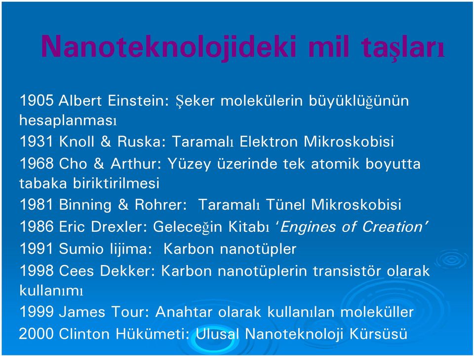 Mikroskobisi 1986 Eric Drexler: Geleceğin Kitabı Engines of Creation 1991 Sumio Iijima: Karbon nanotüpler 1998 Cees Dekker: Karbon