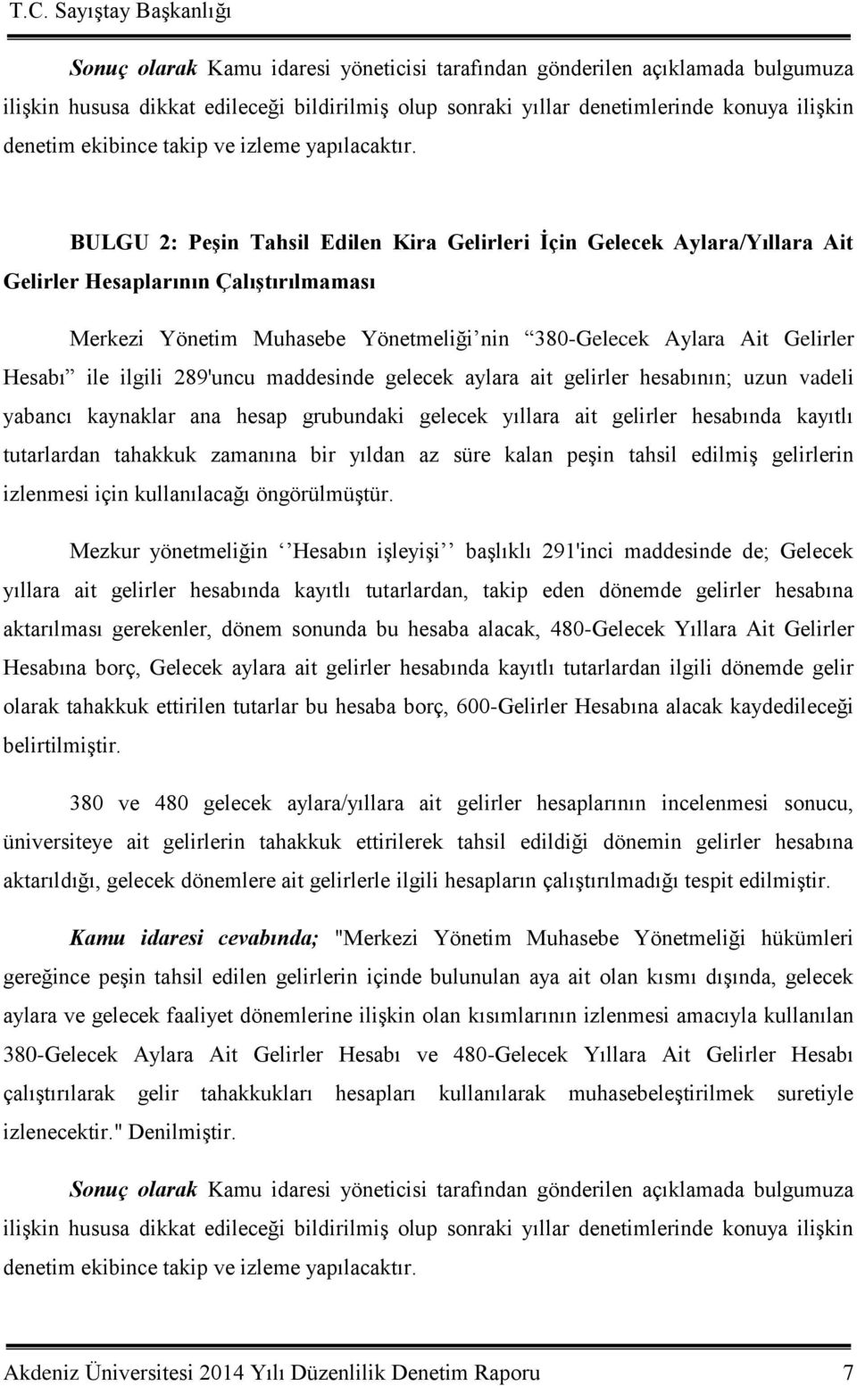 BULGU 2: PeĢin Tahsil Edilen Kira Gelirleri Ġçin Gelecek Aylara/Yıllara Ait Gelirler Hesaplarının ÇalıĢtırılmaması Merkezi Yönetim Muhasebe Yönetmeliği nin 380-Gelecek Aylara Ait Gelirler Hesabı ile