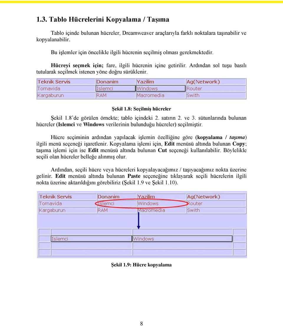 Ardından sol tuşu basılı tutularak seçilmek istenen yöne doğru sürüklenir. Şekil 1.8: Seçilmiş hücreler Şekil 1.8 de görülen örnekte; tablo içindeki 2. satırın 2. ve 3.