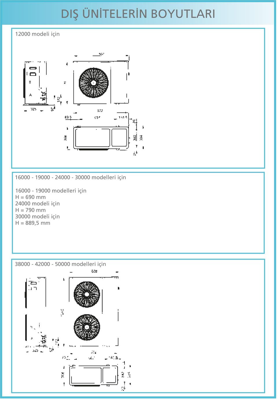 modelleri için H = 690 mm 24000 modeli için H = 790 mm