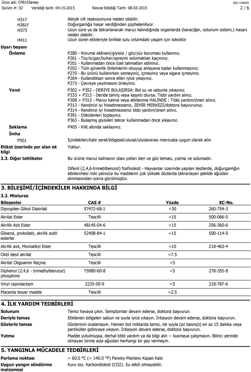 P280 - Koruma eldiveni/giyisisi / göz/yüz koruması kullanınız. P261 - Toz/is/gaz/buhar/spreyini solumaktan kaçınınız. P201 - Kullanmadan önce özel talimatları edininiz.