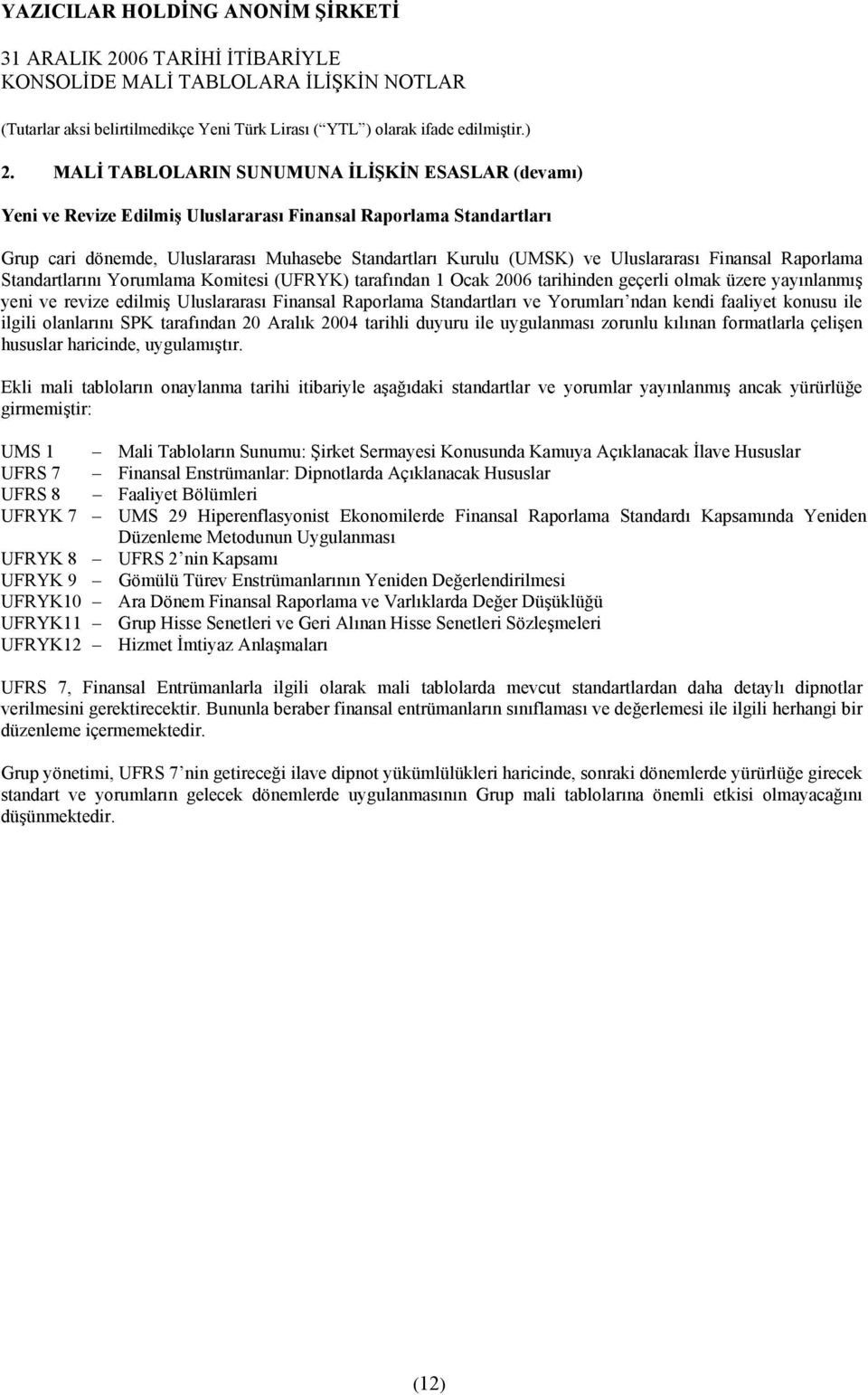 Standartlarõ ve Yorumlarõ ndan kendi faaliyet konusu ile ilgili olanlarõnõ SPK tarafõndan 20 Aralõk 2004 tarihli duyuru ile uygulanmasõ zorunlu kõlõnan formatlarla çelişen hususlar haricinde,