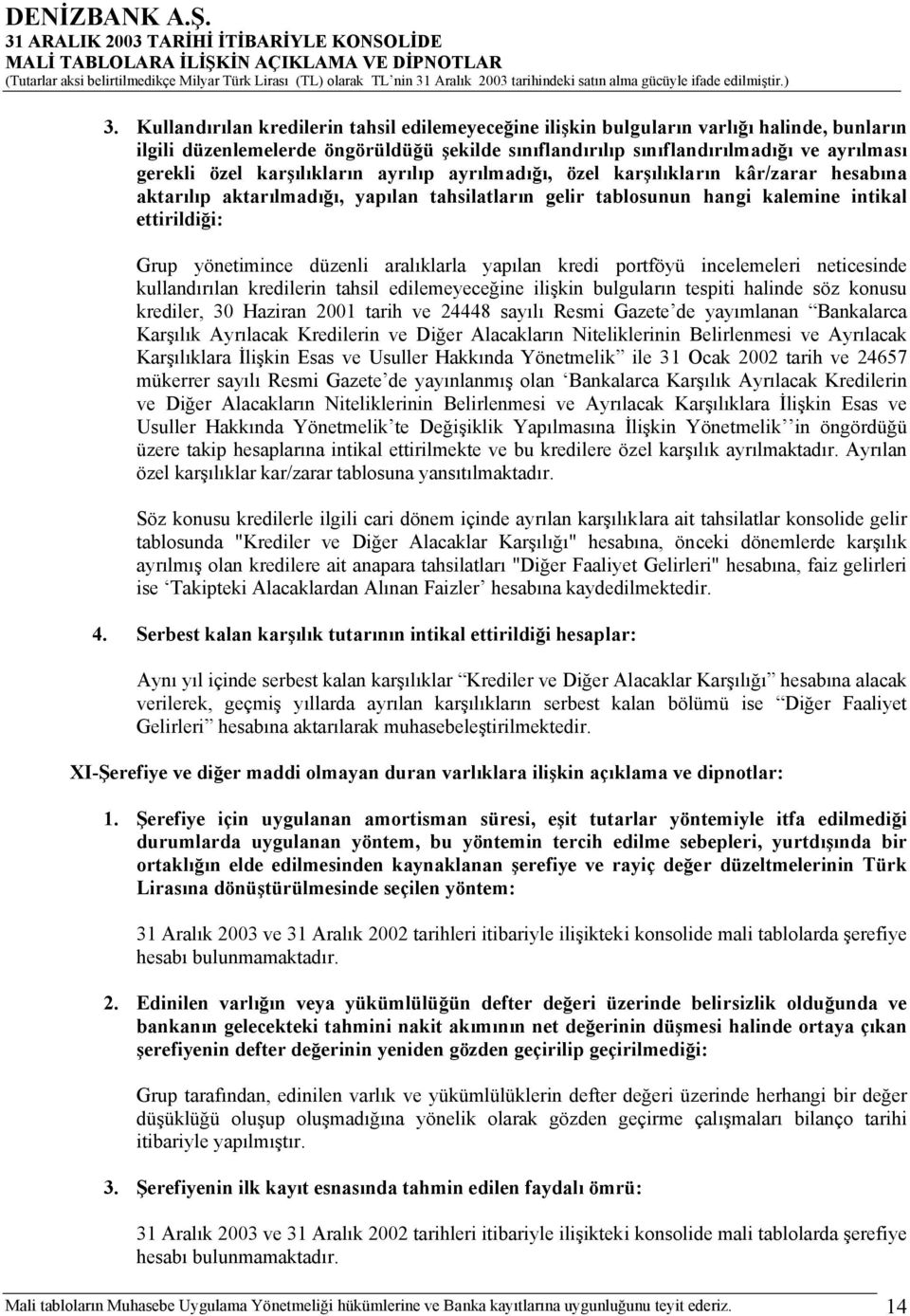 aralıklarla yapılan kredi portföyü incelemeleri neticesinde kullandırılan kredilerin tahsil edilemeyeceğine ilişkin bulguların tespiti halinde söz konusu krediler, 30 Haziran 2001 tarih ve 24448