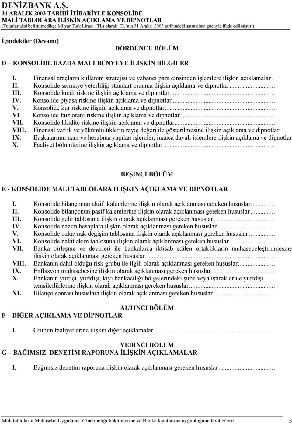 Konsolide piyasa riskine ilişkin açıklama ve dipnotlar... V. Konsolide kur riskine ilişkin açıklama ve dipnotlar... VI. Konsolide faiz oranı riskine ilişkin açıklama ve dipnotlar... VII.