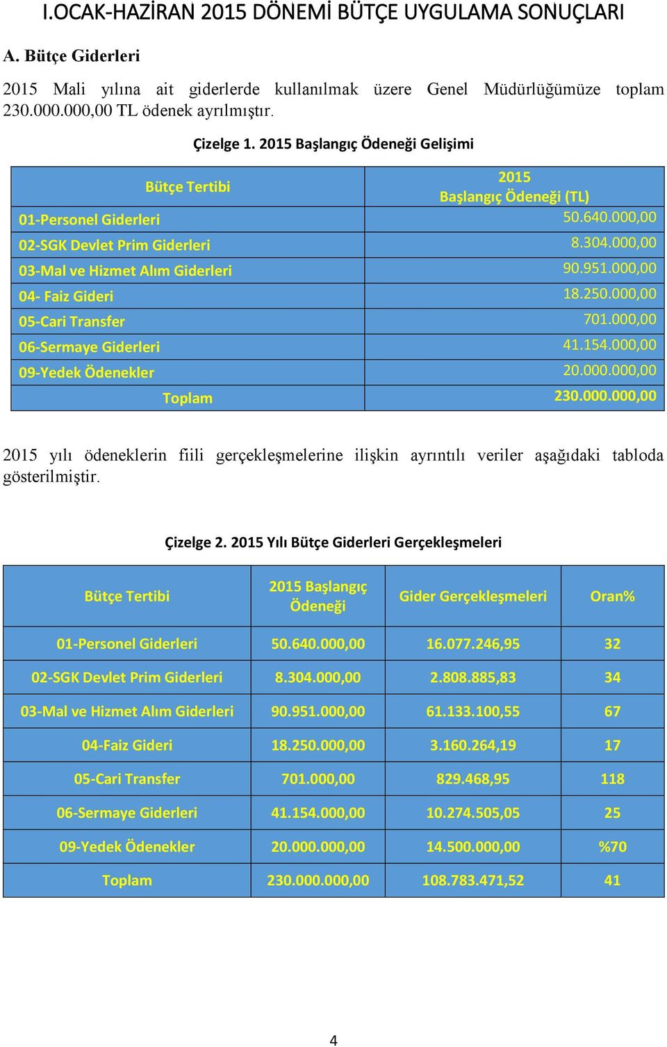 000,00 04- Faiz Gideri 18.250.000,00 05-Cari Transfer 701.000,00 06-Sermaye Giderleri 41.154.000,00 09-Yedek Ödenekler 20.000.000,00 Toplam 230.000.000,00 2015 yılı ödeneklerin fiili gerçekleşmelerine ilişkin ayrıntılı veriler aşağıdaki tabloda gösterilmiştir.