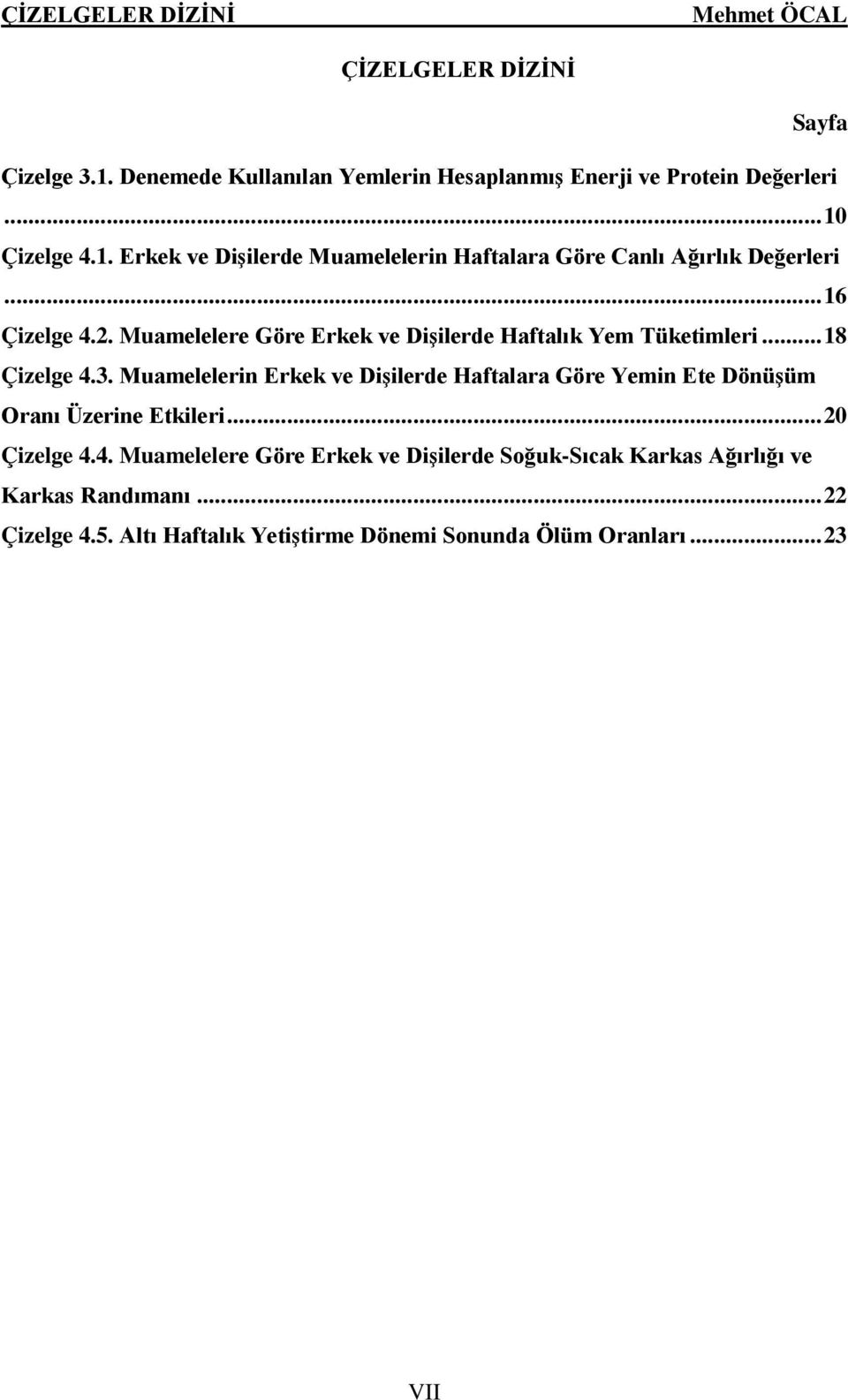 Muamelelerin Erkek ve Dişilerde Haftalara Göre Yemin Ete Dönüşüm Oranı Üzerine Etkileri...20 Çizelge 4.