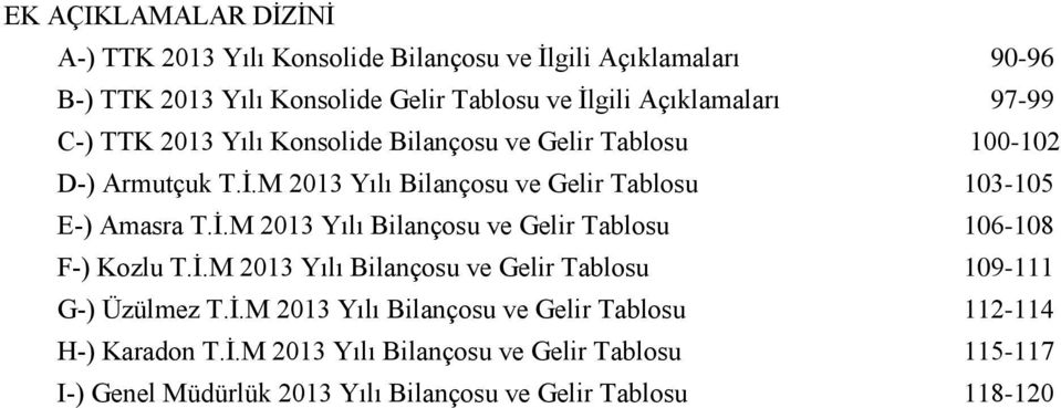 M 2013 Yılı Bilançosu ve Gelir Tablosu 103-105 E-) Amasra T.İ.M 2013 Yılı Bilançosu ve Gelir Tablosu 106-108 F-) Kozlu T.İ.M 2013 Yılı Bilançosu ve Gelir Tablosu 109-111 G-) Üzülmez T.