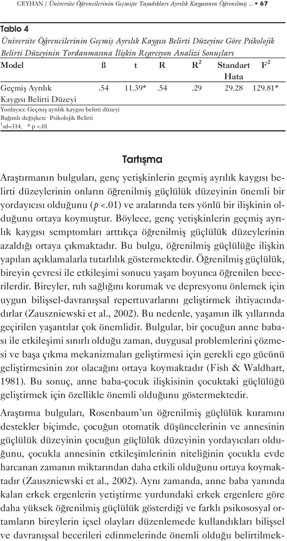 Geçmifl Ayr l k.54 11.39*.54.29 29.28 129.81* Kayg s Belirti Düzeyi Yorday c : Geçmifl ayr l k kayg s belirti düzeyi Ba ml de iflken: Psikolojik Belirti 1 sd=314, * p <.