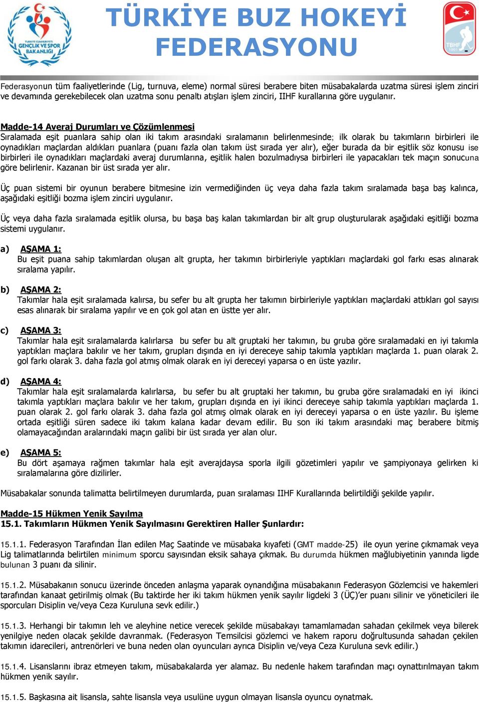 Madde-14 Averaj Durumları ve Çözümlenmesi Sıralamada eşit puanlara sahip olan iki takım arasındaki sıralamanın belirlenmesinde; ilk olarak bu takımların birbirleri ile oynadıkları maçlardan aldıkları