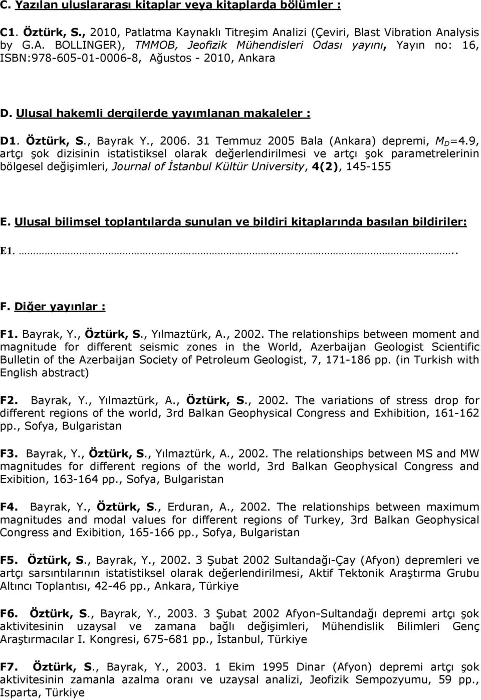 Ulusal hakemli dergilerde yayımlanan makaleler : D1. Öztürk, S., Bayrak Y., 2006. 31 Temmuz 2005 Bala (Ankara) depremi, M D =4.