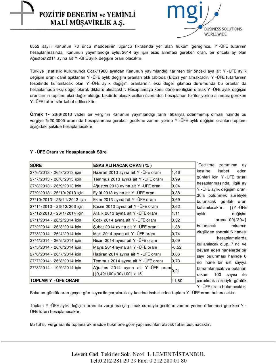 Türkiye İstatistik Kurumunca Ocak/1980 ayından Kanunun yayımlandığı tarihten bir önceki aya ait Yİ-ÜFE aylık değişim oranı dahil açıklanan Yİ-ÜFE aylık değişim oranları ekli tabloda (EK:2) yer