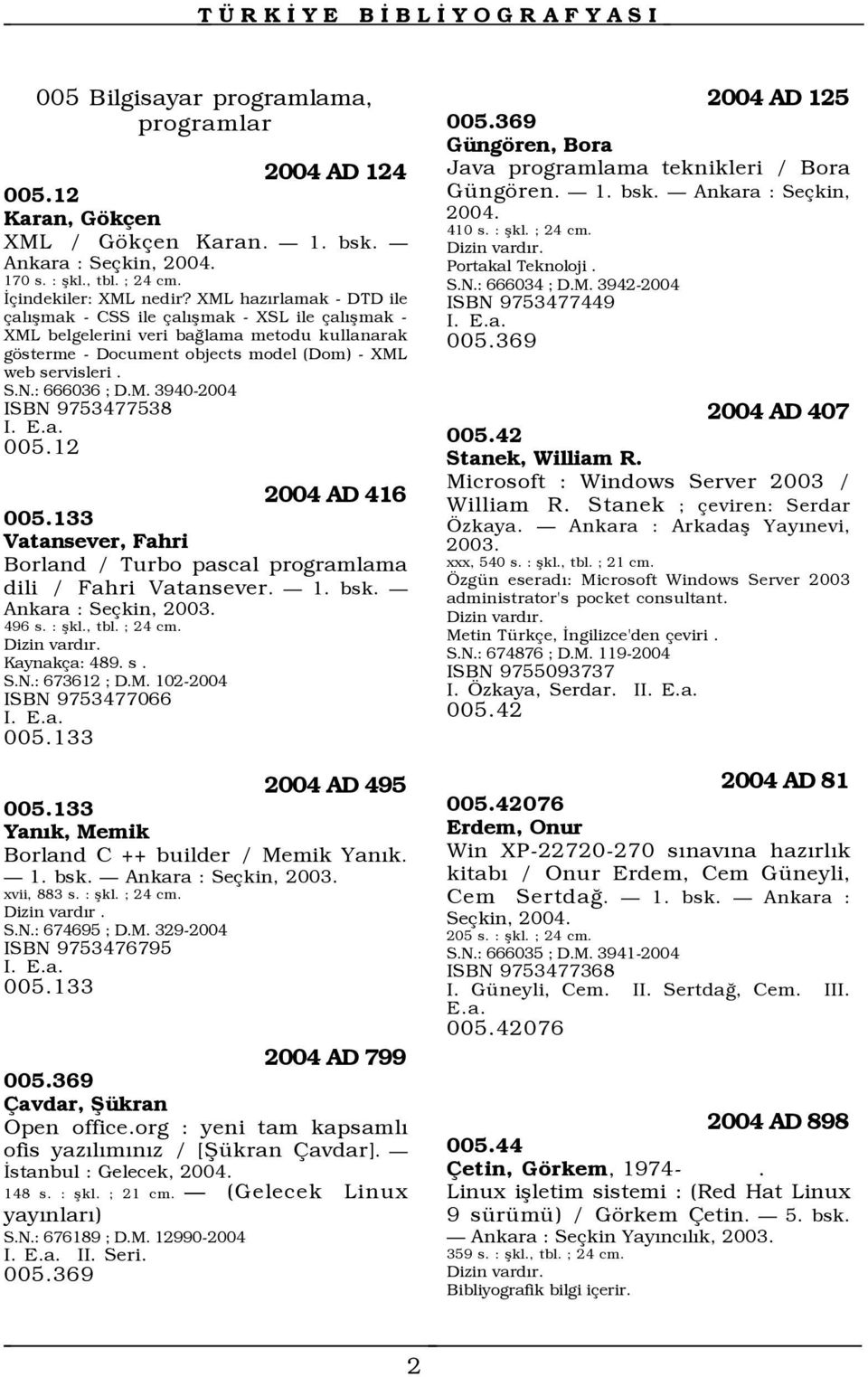 M. 3940-2004 ISBN 9753477538 005.12 2004 AD 416 005.133 Vatansever, Fahri Borland / Turbo pascal programlama dili / Fahri Vatansever. 1. bsk. Ankara : Seçkin, 2003. 496 s. : şkl., tbl. ; 24 cm.