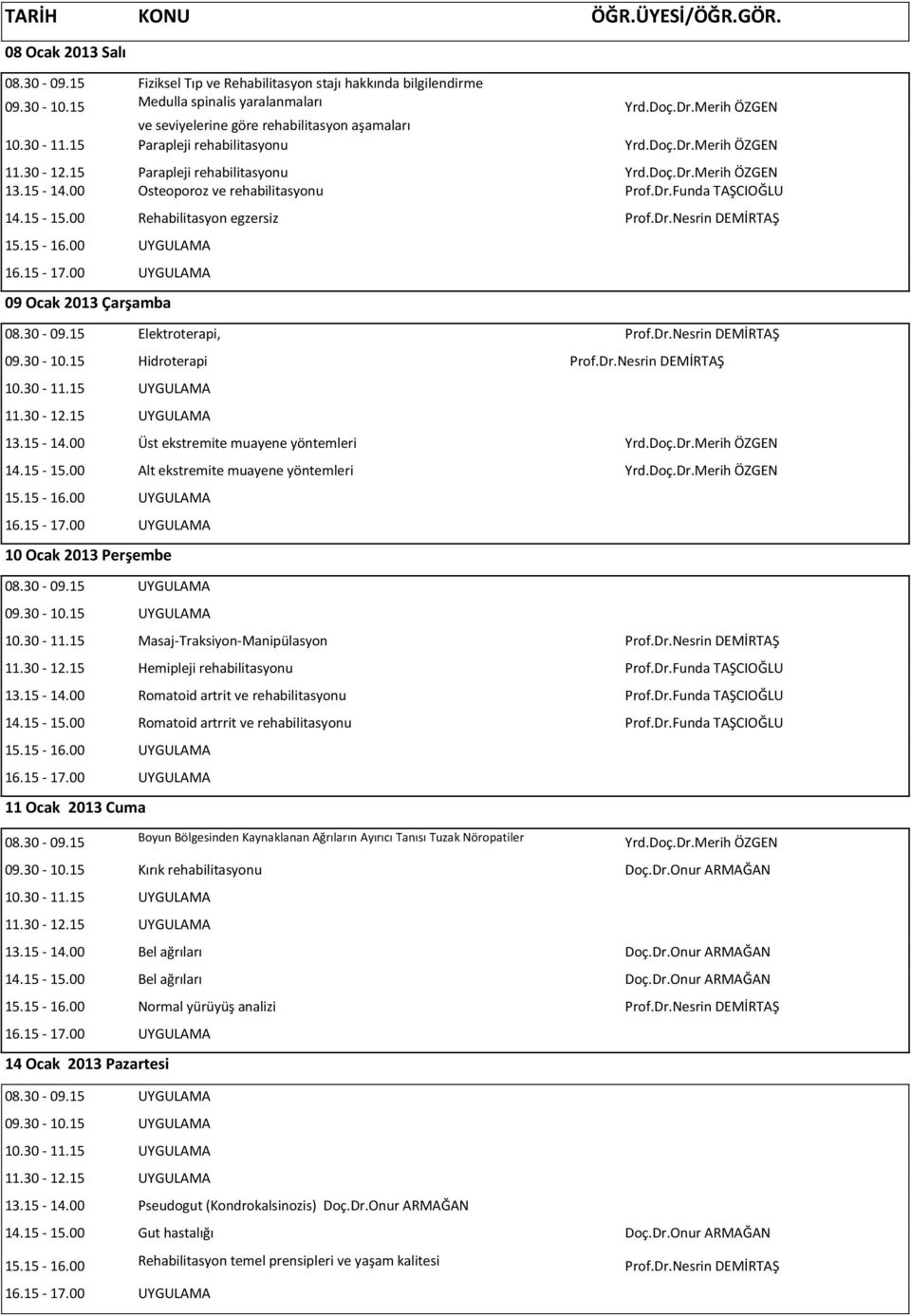 00 Osteoporoz ve rehabilitasyonu Prof.Dr.Funda TAŞCIOĞLU 14.15-15.00 Rehabilitasyon egzersiz Prof.Dr.Nesrin DEMİRTAŞ 09 Ocak 2013 Çarşamba 08.30-09.15 Elektroterapi, Prof.Dr.Nesrin DEMİRTAŞ 09.30-10.