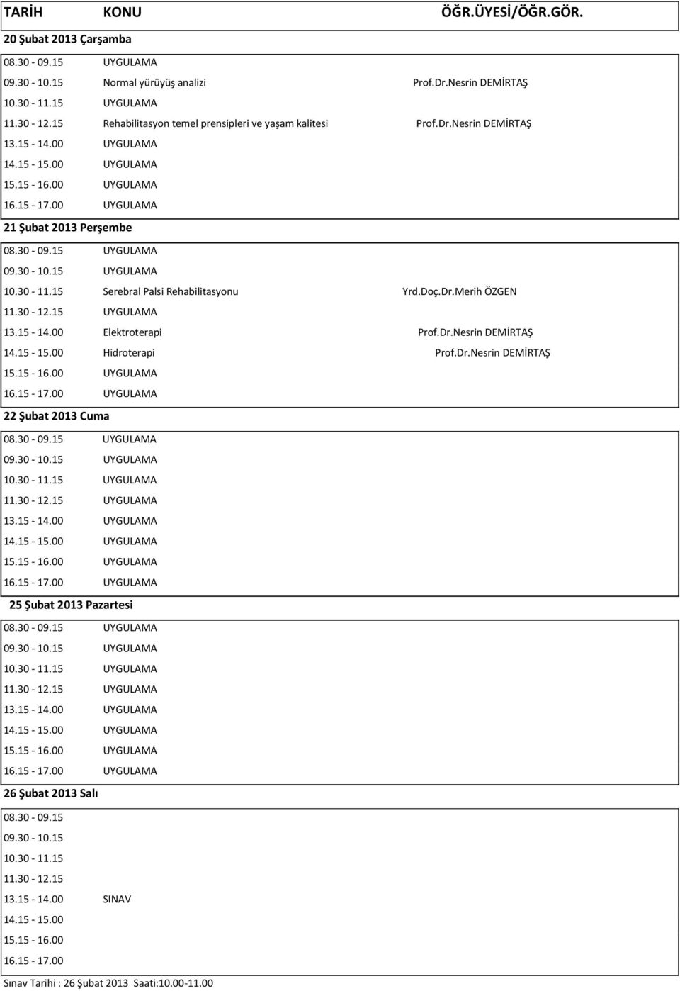 15 Serebral Palsi Rehabilitasyonu Yrd.Doç.Dr.Merih ÖZGEN 13.15-14.00 Elektroterapi Prof.Dr.Nesrin DEMİRTAŞ 14.15-15.00 Hidroterapi Prof.Dr.Nesrin DEMİRTAŞ 22 Şubat 2013 Cuma 25 Şubat 2013 Pazartesi 26 Şubat 2013 Salı 08.