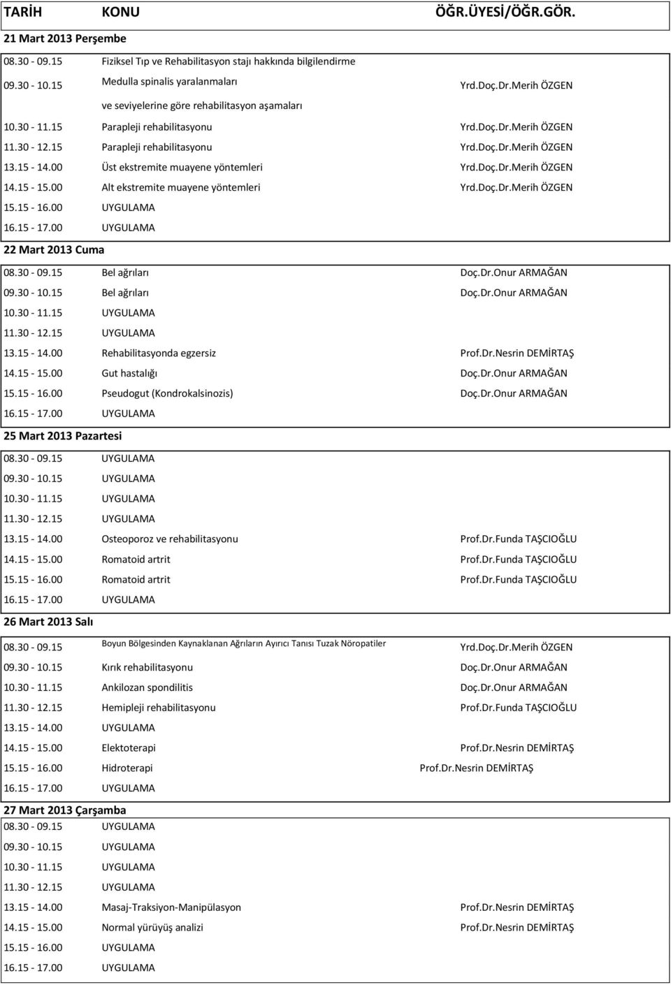 00 Üst ekstremite muayene yöntemleri Yrd.Doç.Dr.Merih ÖZGEN 14.15-15.00 Alt ekstremite muayene yöntemleri Yrd.Doç.Dr.Merih ÖZGEN 22 Mart 2013 Cuma 08.30-09.15 Bel ağrıları Doç.Dr.Onur ARMAĞAN 09.