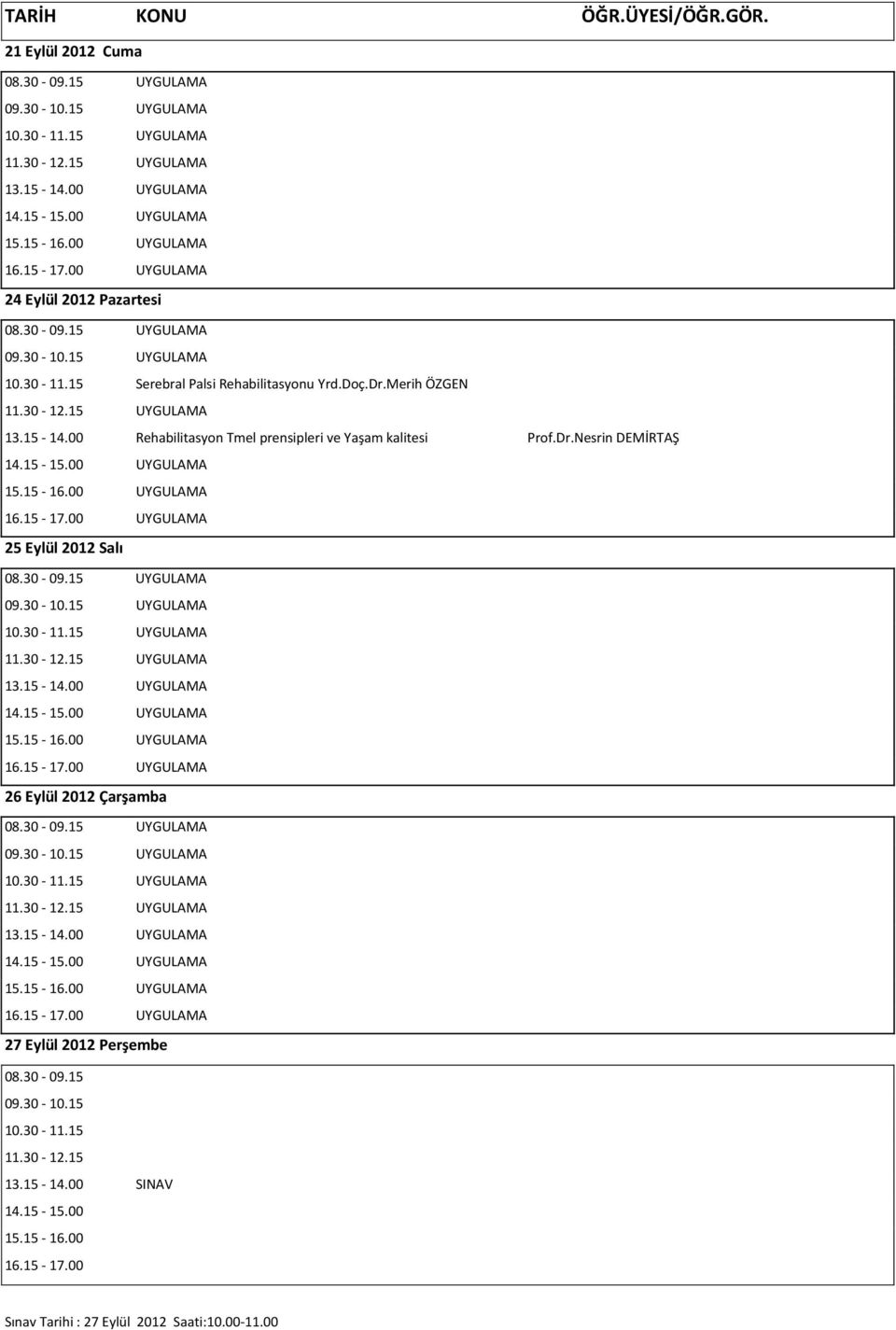 Nesrin DEMİRTAŞ 25 Eylül 2012 Salı 26 Eylül 2012 Çarşamba 27 Eylül 2012 Perşembe 08.30-09.15 09.30-10.