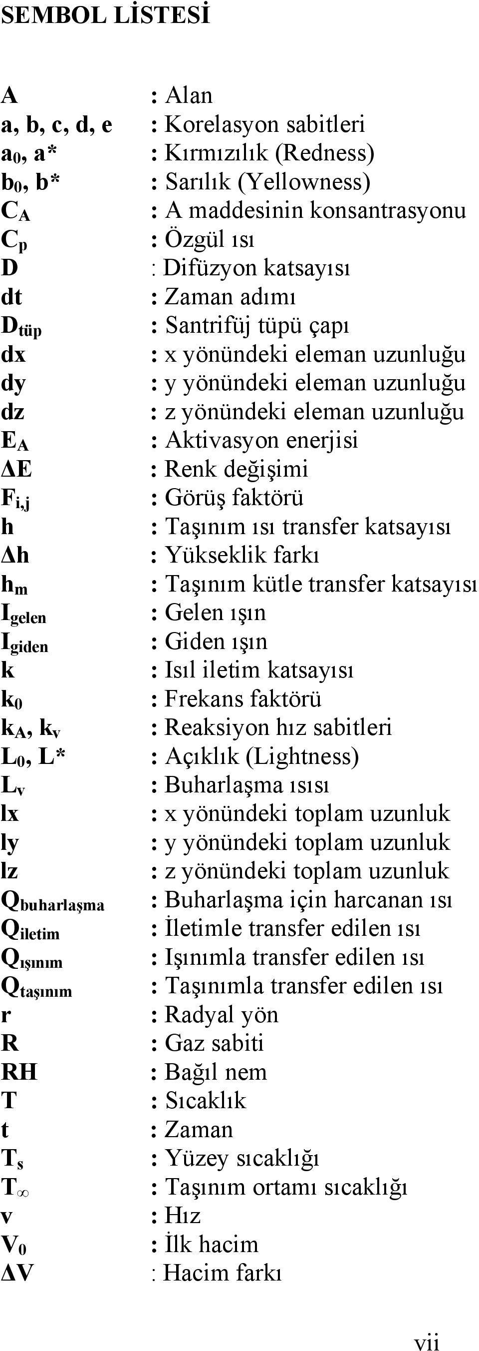 Taşınım ısı transfer katsayısı h : Yükseklk farkı h m : Taşınım kütle transfer katsayısı I gelen : Gelen ışın I gden : Gden ışın k : Isıl letm katsayısı k 0 : Frekans faktörü k A, k v : Reaksyon hız